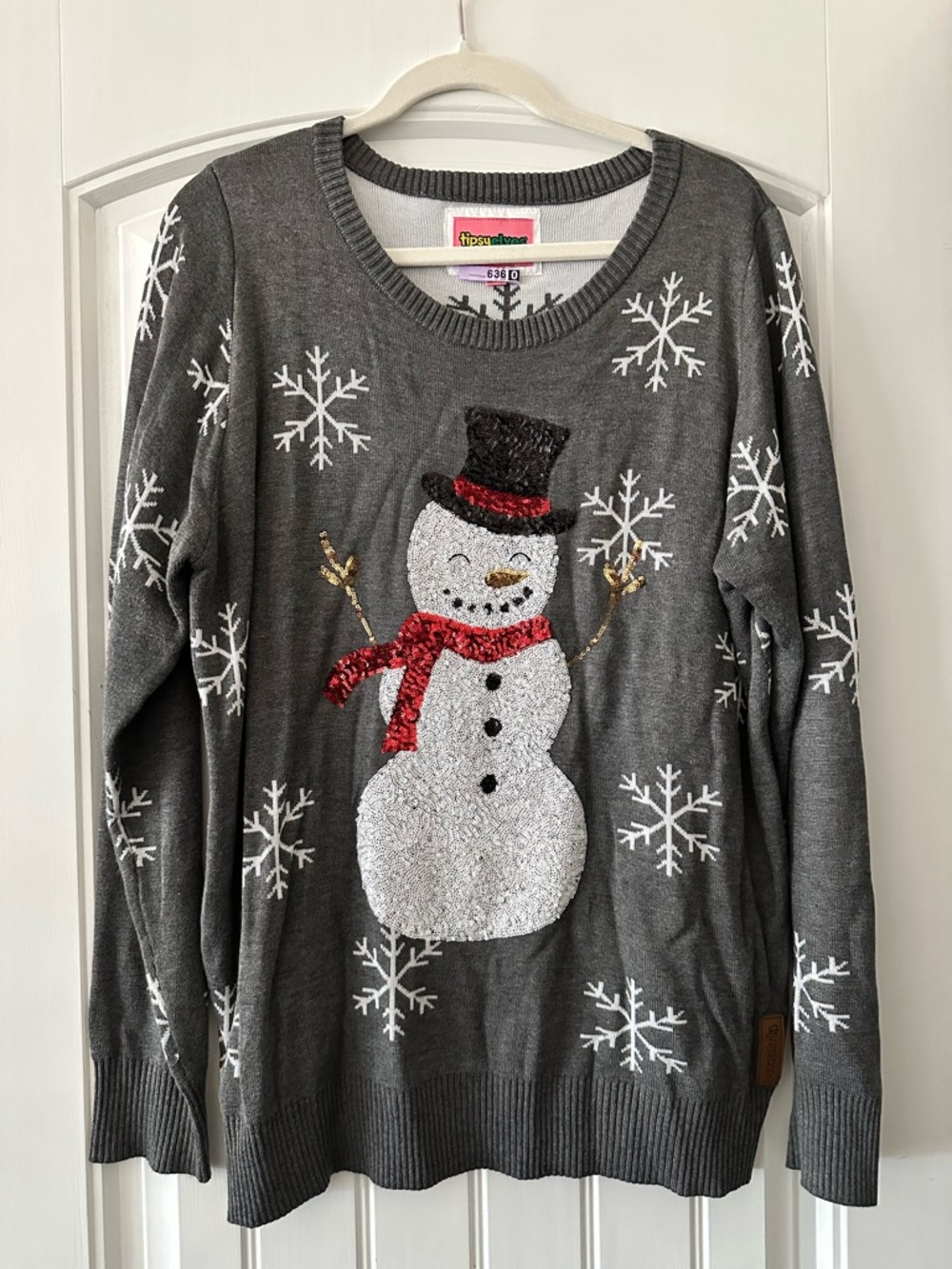Tipsy Elves Gray Sequin Snowman Crewneck Sweater with Red Scarf